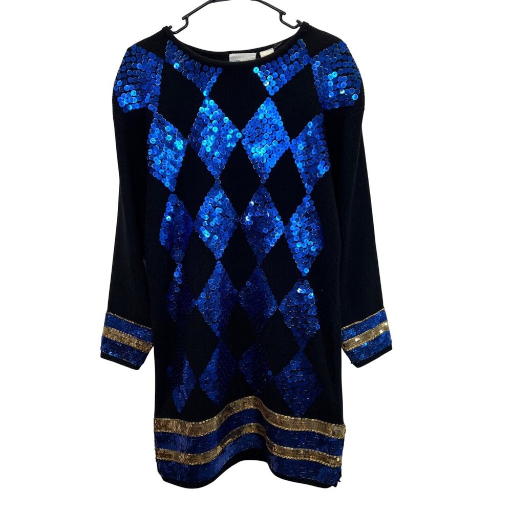 Vintage Marnie West Argyle Sweater Dress M Blue Black Sequin Party Festive Fancy